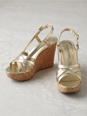 36 Lauren Ralph Lauren Gold Wedge Sandals Size 7 | Metallic Glam | Cork Platform